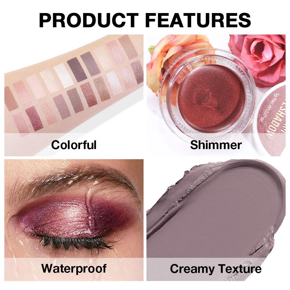 evpct Single Cream Eye Shadow Palette Pot Makeup for Older Women, Taupe Mauve Shimmer Glitter Metallic Monochrome Cream to Powder Eyeshadow Palette Eye Brightener, High Pigment Waterproof Blendable