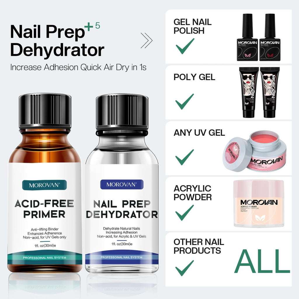 Morovan Professional Natural Nail Prep Dehydrate and Acid-Free Primer, Dehydrator for Acrylic and Gel Nail Polish, Non Acid Primer for UV Gels Fast Dry Superior Bonding Agent Gift Box Set