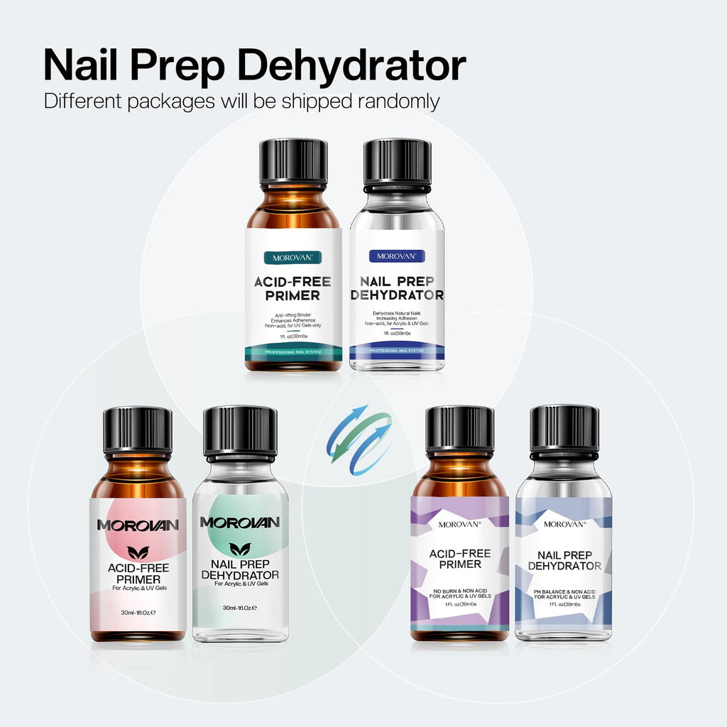 Morovan Professional Natural Nail Prep Dehydrate and Acid-Free Primer, Dehydrator for Acrylic and Gel Nail Polish, Non Acid Primer for UV Gels Fast Dry Superior Bonding Agent Gift Box Set
