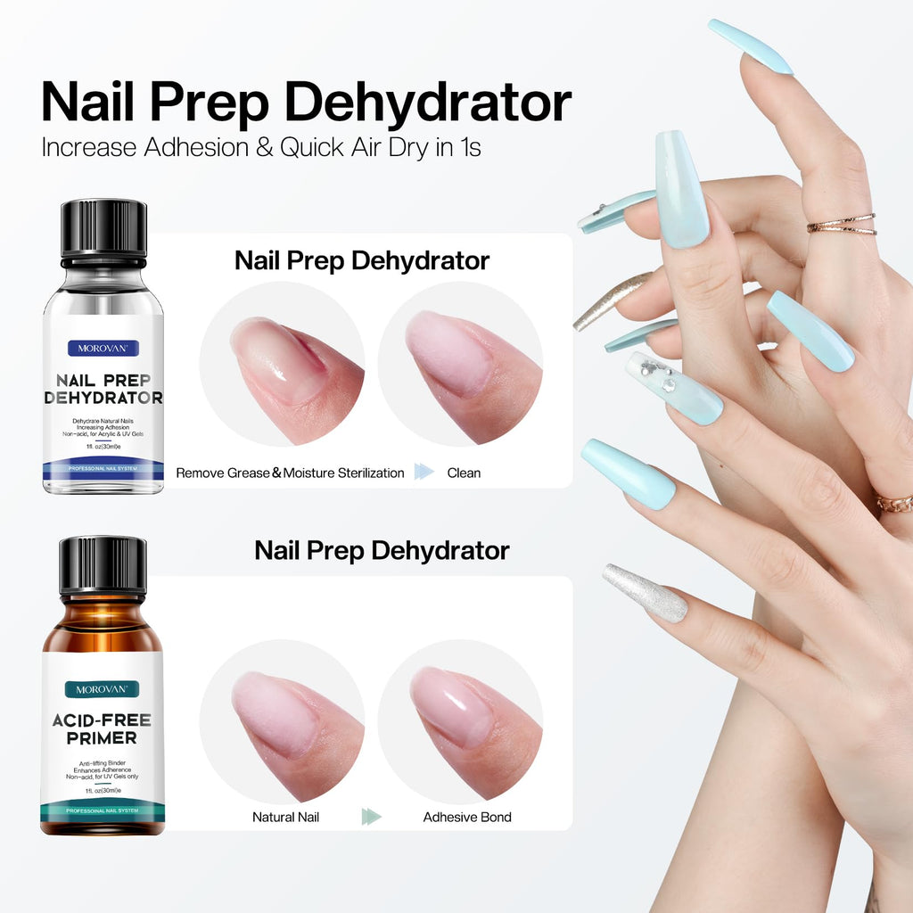 Morovan Professional Natural Nail Prep Dehydrate and Acid-Free Primer, Dehydrator for Acrylic and Gel Nail Polish, Non Acid Primer for UV Gels Fast Dry Superior Bonding Agent Gift Box Set