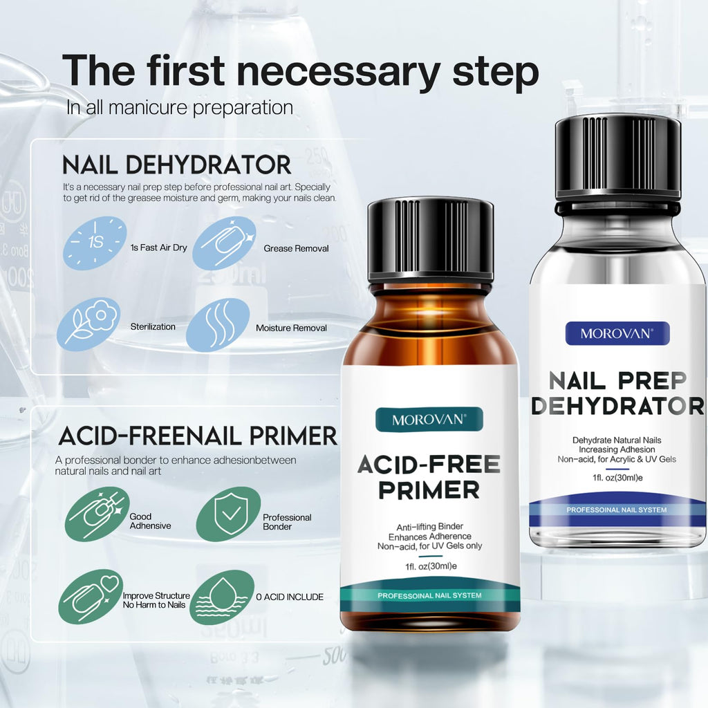 Morovan Professional Natural Nail Prep Dehydrate and Acid-Free Primer, Dehydrator for Acrylic and Gel Nail Polish, Non Acid Primer for UV Gels Fast Dry Superior Bonding Agent Gift Box Set