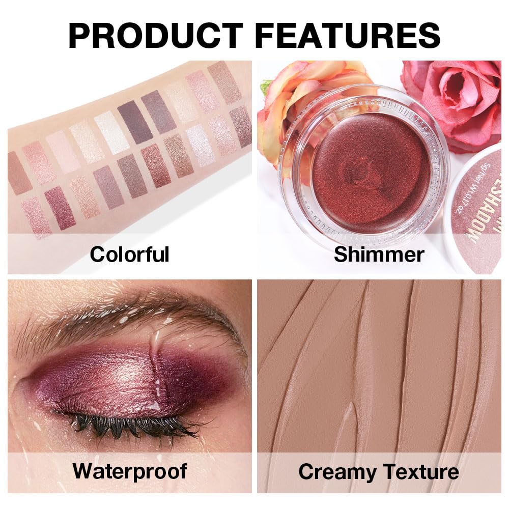 evpct Single Cream Eye Shadow Palette Pot Makeup for Older Women, Taupe Mauve Shimmer Glitter Metallic Monochrome Cream to Powder Eyeshadow Palette Eye Brightener, High Pigment Waterproof Blendable