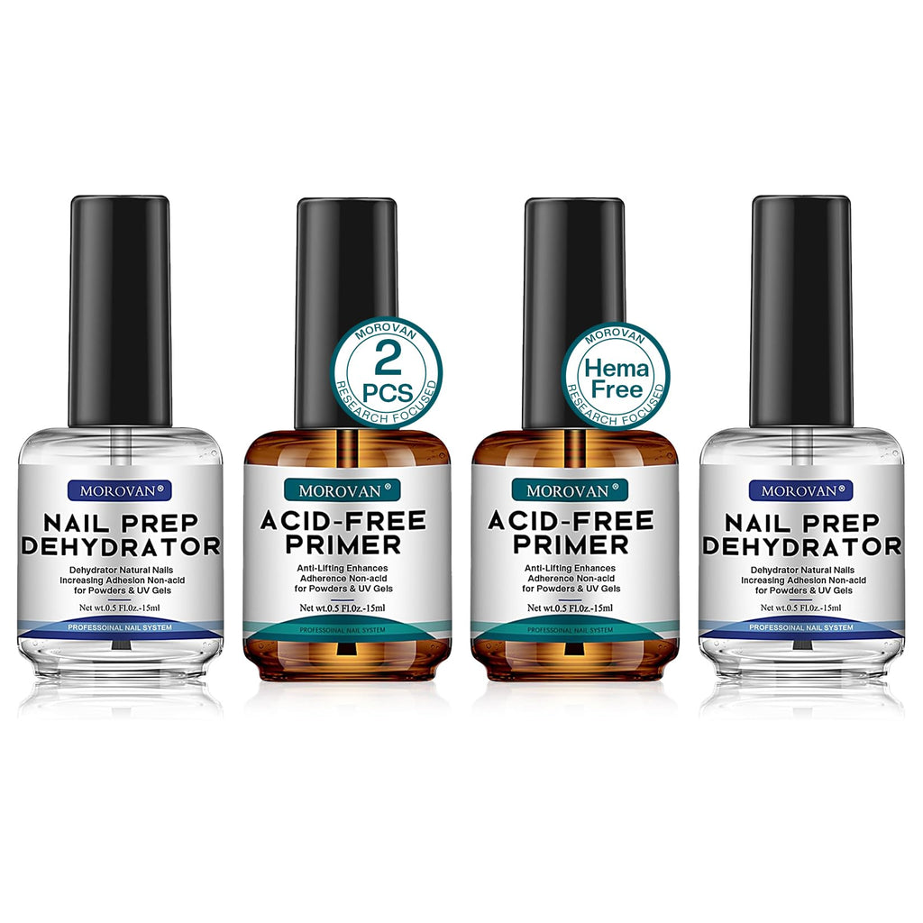 Morovan Professional Natural Nail Prep Dehydrate and Acid-Free Primer, Dehydrator for Acrylic and Gel Nail Polish, Non Acid Primer for UV Gels Fast Dry Superior Bonding Agent Gift Box Set