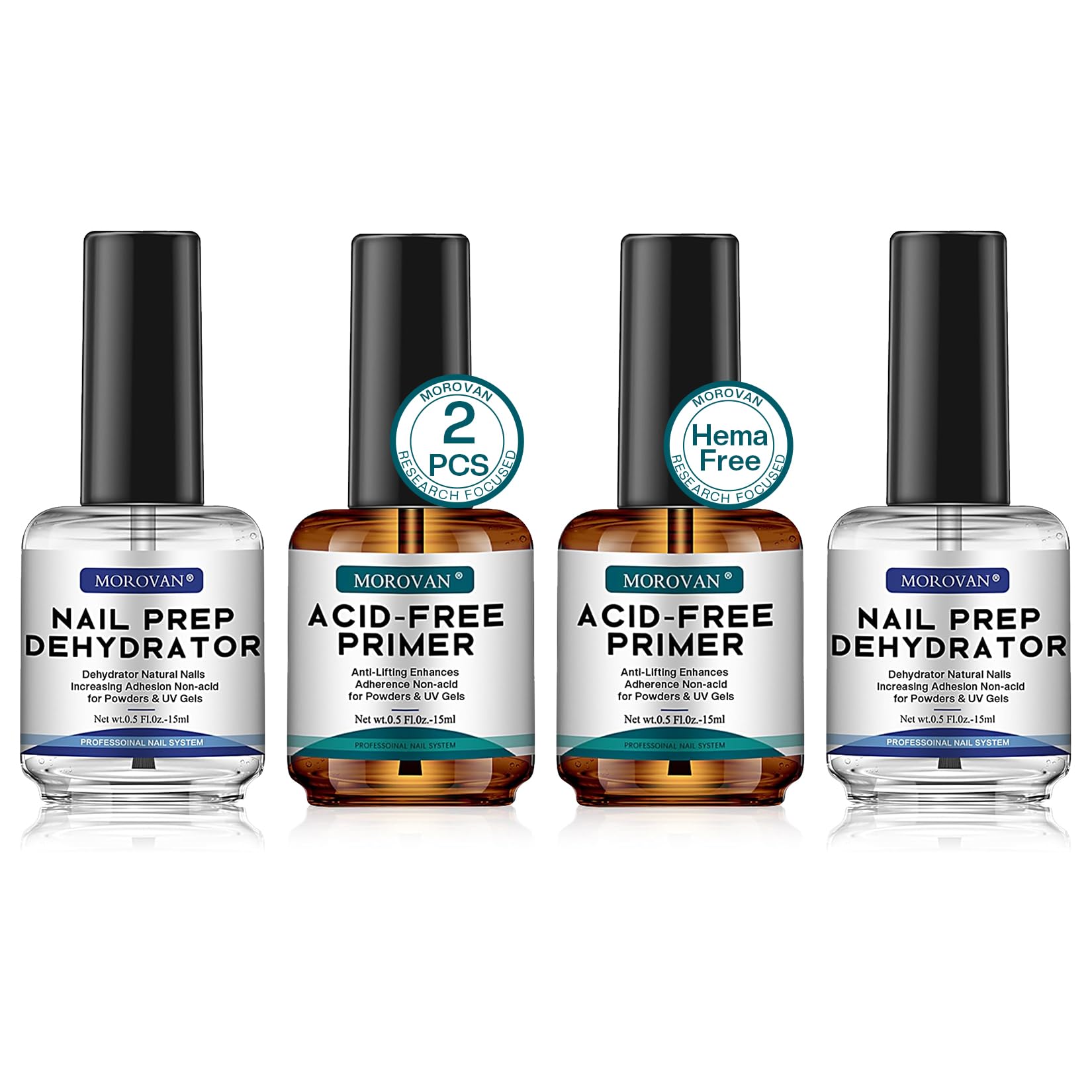 Morovan Professional Natural Nail Prep Dehydrate and Acid-Free Primer, Dehydrator for Acrylic and Gel Nail Polish, Non Acid Primer for UV Gels Fast Dry Superior Bonding Agent Gift Box Set